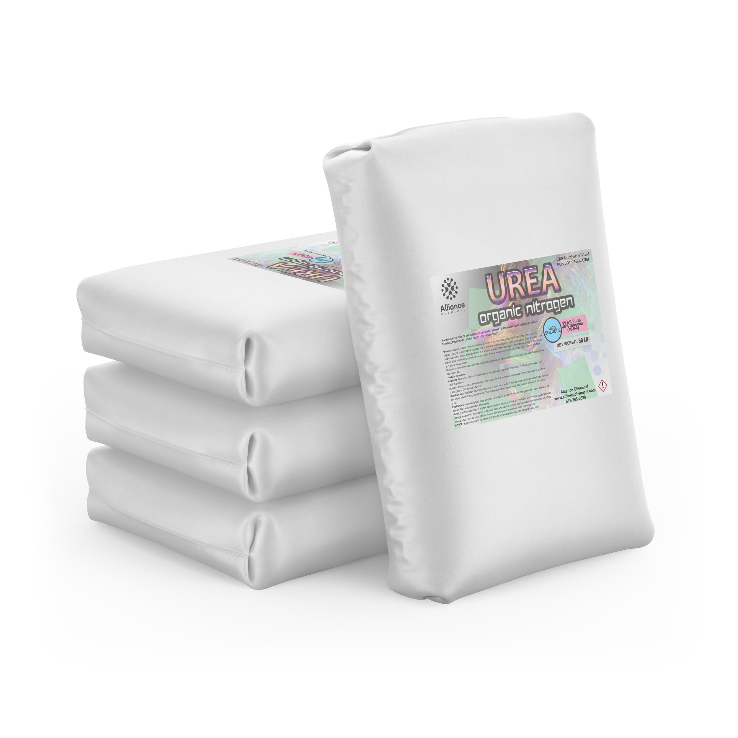 50lb bags of industrial-grade urea organic nitrogen fertilizer, stacked white polyethylene packaging with Alliance Chemical holographic label and hazard symbol.